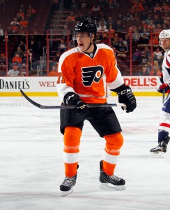 PHILADELPHIA, PA - SEPTEMBER 22: Nicolas Aube-Kubel #73 of the Philadelphia Flyers skates against the Washington Capitals at the Wells Fargo Center on September 22, 2014 in Philadelphia, Pennsylvania. The Flyers defeated the Capitals 5-4. (Photo by Bruce Bennett/Getty Images)